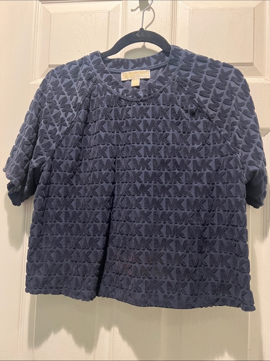 Michael Kors Tops - Michael Kors Navy Textured MK Logo Short Sleeve Pullover